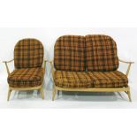 Mid-20th century Ercol two-seat sofa, single armchair and footstool