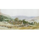 20th century Watercolour drawing Rural scene, cottages nestling in mountainous scenery, label from