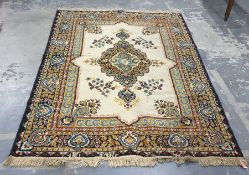 Cream ground Persian rug with central stepped medallion, foliate decorated field, stepped border,