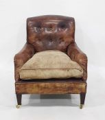 Howard & Sons, Berners Street, London style brown hide square-back armchair, button upholstered,