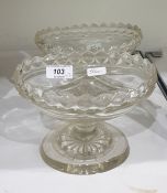 Pair Georgian-style pedestal cut glass bowls, each boat-shaped, 17cm wide