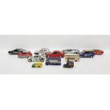 Box of assorted model cars and buses to include Burago BMW M3, etc