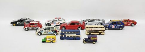 Box of assorted model cars and buses to include Burago BMW M3, etc