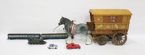 Assorted toys to include model cars, train set with assorted carriages and track, porcelain horse