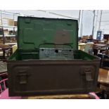 Military tin trunk containing an ammunition case marked 'P&G EPS Co Ltd, ZB12715 12 volt ...'