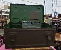 Military tin trunk containing an ammunition case marked 'P&G EPS Co Ltd, ZB12715 12 volt ...'