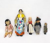 Quantity of vintage costume dolls including Oriental fabric doll and a collection of doll's hair (