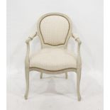Louis XV style open arm chair, cream painted, padded back and stuffover seat, serpentine-fronted