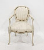 Louis XV style open arm chair, cream painted, padded back and stuffover seat, serpentine-fronted