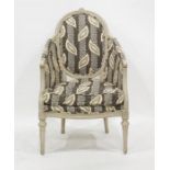 Grey painted tub armchair of revived French style, padded and upholstered in stylised leaf and