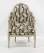 Grey painted tub armchair of revived French style, padded and upholstered in stylised leaf and