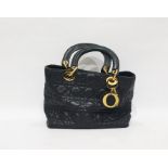 Christian Dior 'Lady Dior' navy blue 'Cannage' quilted lambskin leather handbag with gilt coloured