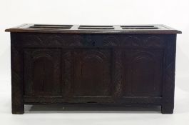 18th century oak coffer with three carved arched panels to the front, on stile supports