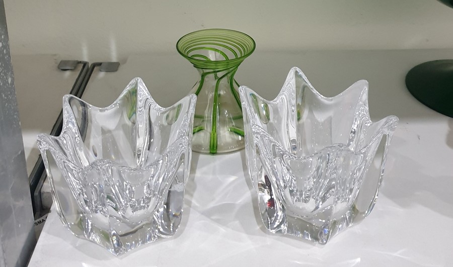 Pair of Orrefors studio glass vases, tulip flower shaped, 10cm high and an Art Nouveau green trailed