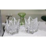 Pair of Orrefors studio glass vases, tulip flower shaped, 10cm high and an Art Nouveau green trailed