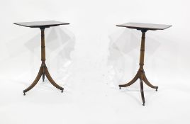 Pair of rectangular tilt-top side tables on turned pedestal, on three curved supports and turned