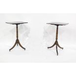 Pair of rectangular tilt-top side tables on turned pedestal, on three curved supports and turned