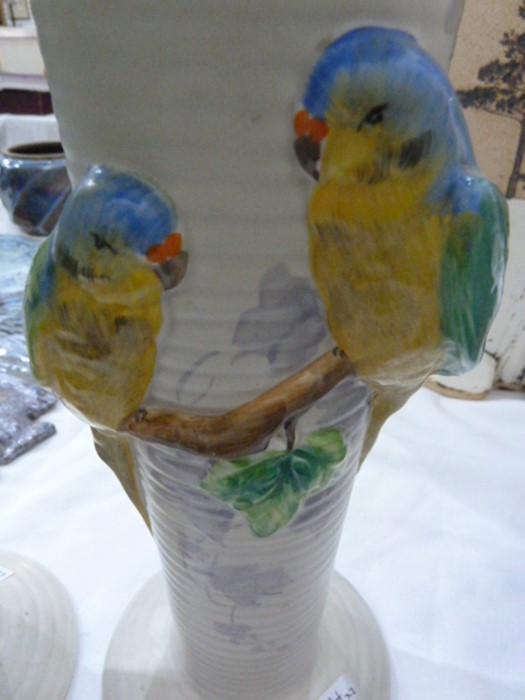Pair of Clarice Cliff budgerigar applied tall pott - Image 4 of 4