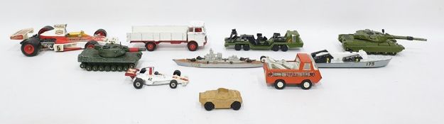 Box of assorted model vehicles to include Dinky Toys Chieftain Tank, Dinky Toys Leopard Tank,