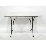 Cast metal and pale grey variegated marble topped rectangular table, 111cm wide