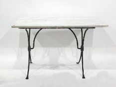 Cast metal and pale grey variegated marble topped rectangular table, 111cm wide