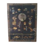 Modern two-door reproduction marriage chest decorated in black ground with various vases and