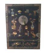 Modern two-door reproduction marriage chest decorated in black ground with various vases and