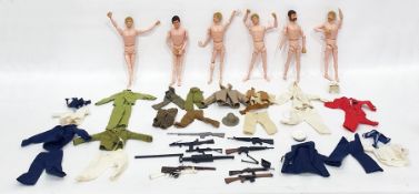 Assorted vintage Action Men and various uniforms, equipment, etc including motor bike with side car