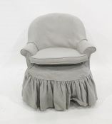 Victorian scoop-back easy armchair on ebonised turned stump supports, blue/grey linen loose cover