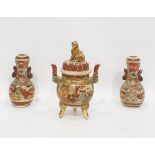 Japanese Satsuma pottery covered incense jar with temple dog finial, figure decorated, 28cm high and