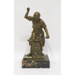Brass and metal figure of a blacksmith, on variegated marble base, 31cm high (some damage)
