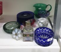 Blue overlay cut glass sugar bowl, eight blue glass dessert plates, green glass jug and sundry