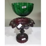 Bohemian-style ruby overlay cut glass pedestal sweetmeat bowl with everted rim and circular foot,