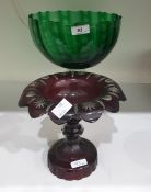 Bohemian-style ruby overlay cut glass pedestal sweetmeat bowl with everted rim and circular foot,