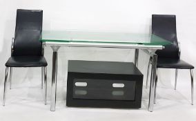 Modern glass-topped extending dining table on chrome supports, four chairs and a storage unit (6)