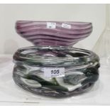 Grey and clear studio glass bowl, circular and shaped and an amethyst wavy-line ribbed bowl with