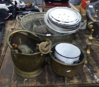 Large vintage galvanized bucket, various vintage enamel bowls, a vintage mincer marked 'Made in