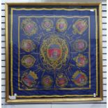 Hermes silk scarf 'Les Armes de Paris', royal blue ground, designed 1954 by Hugo Grygkar, the