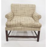Broad square-back scroll armchair in ochre open weave fabric, on mahogany straight supports, 78cm