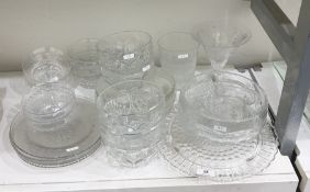 Set of four cut glass plates with star-cut bases, moulded glass cake plate, cut glass trumpet vase