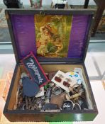 Box and contents of assorted items to include brooch, badges, cufflinks, tiepin, coins, etc