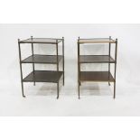 Pair brushed metal and hardwood three-tier etageres, square and on slender castors, 43cm wide (2)