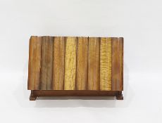 Exotic figured wood box by H J Gore, the fall front faced as multiple books, each with exotic wood