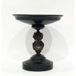 Small black marble and bronze tazza, circular with classical female bust column and on circular
