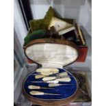 Vintage velvet-covered needle case, quantity vintage jewellery boxes and cased manicure set