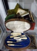 Vintage velvet-covered needle case, quantity vintage jewellery boxes and cased manicure set