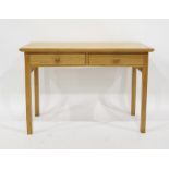 Modern oak two-drawer side table on square section supports, 113cm x 79cm