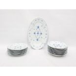 Quantity of porcelain dinner plates, fluted and decorated in Blue Denmark style and a matching