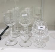 Set of nine cut glass goblets with waisted bowls and ribbed stems and three other stem wines (12)