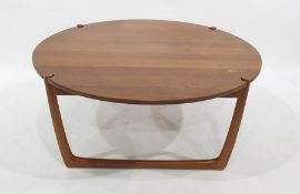 Teak G-Plan style low circular coffee table, on angled circle supports, 109cm diameter